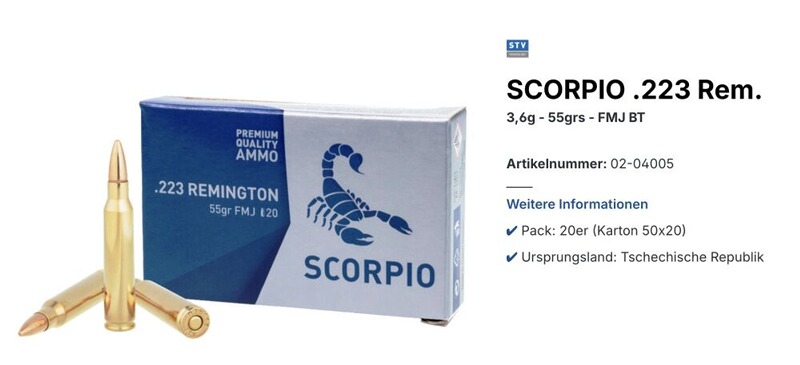 Scorpio STV 1.000 Schuss 3,6g - 55grs FMJ BT - .223Rem