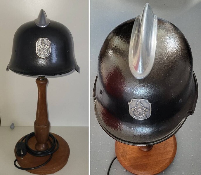 Schreibtischlampe Feuerwehrhelm aus M34 Stahlhelm 2. Weltkrieg der Feuerschutzpolizei