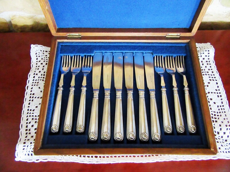 Silber England Fischbesteck Holzschatulle um 1920 Antik Historismus