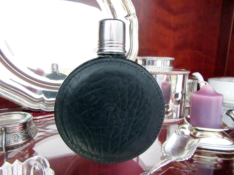 Flachmann Leder Glas Rund Alt Vintage Italien Antik