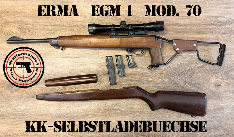 KK-Selbstladebüchse ERMA EGM 1 Mod. 70 mit Klappschaft, original Holzschaft, drei Magazine..