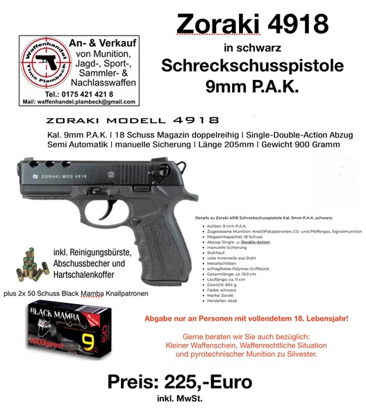 ZORAKI Modell 4918 im Kaliber 9mm P.A.K. mit 100 Schuss Black Mamba Knallpatronen