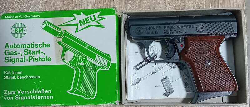 Alte Rhöner SM 15 Kal. 8 mm Knall im PTB 83/2 mit Verpackung!