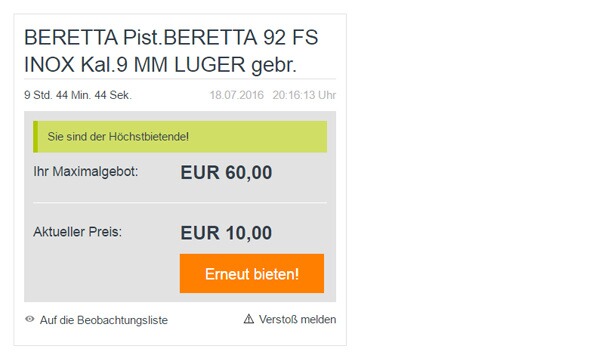 Screenshot eines Hoechstgebots