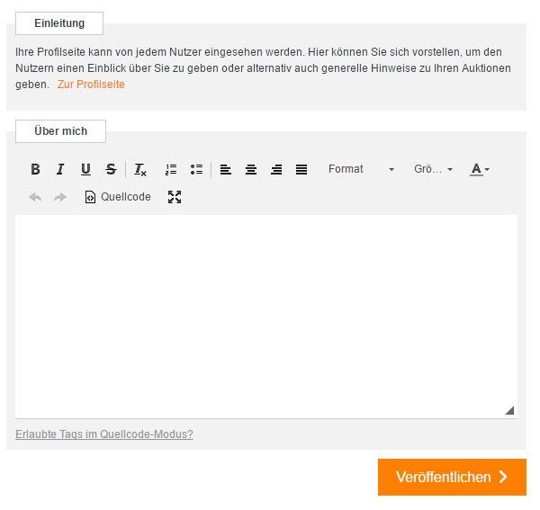 Screenshot der Anlage der Profilseite